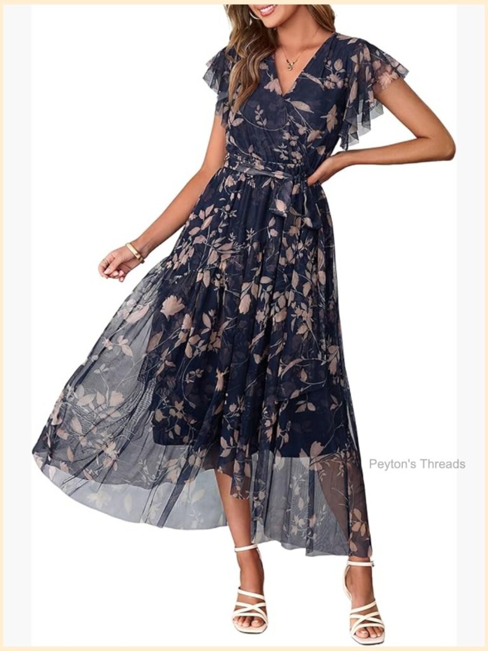 Faux Wrap Midi Dress with Flutter Sleeves V-Neck Mesh Hem